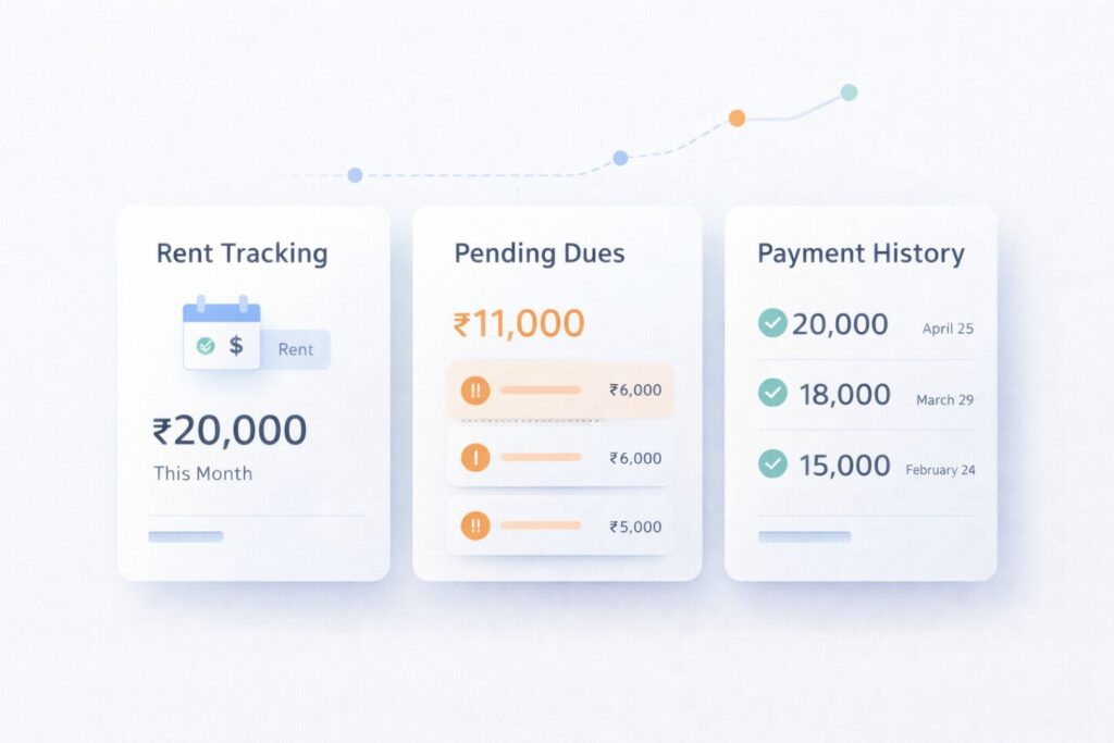 Illustration showing rent tracking, pending dues, and payment history in a clean payment management interface.