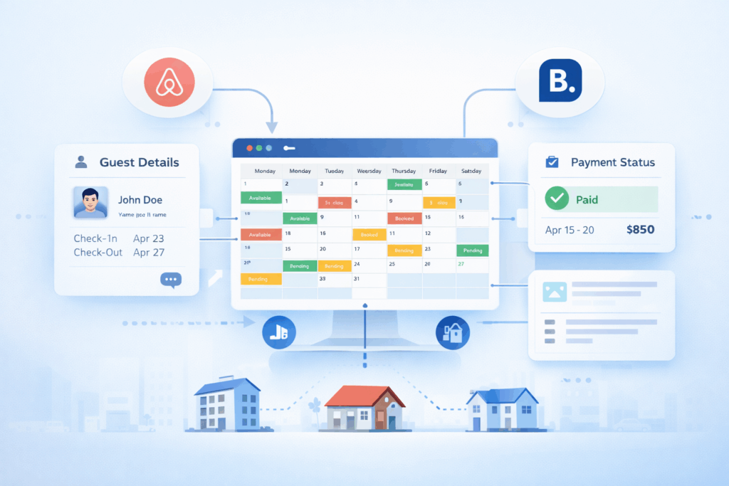 Centralized rental calendar system showing real-time syncing across booking platforms with guest details and payment status panels