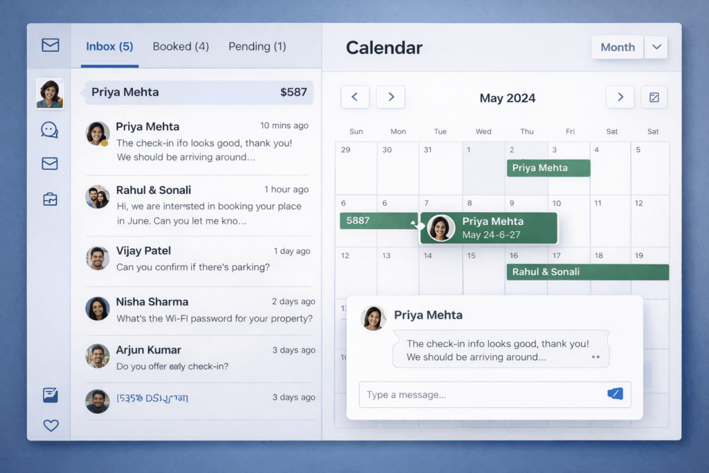 Dashboard showing a unified inbox and calendar for a vacation rental system, with Indian guest names like Priya Mehta and Rahul & Sonali, where conversations are directly linked to booking dates and reservations.