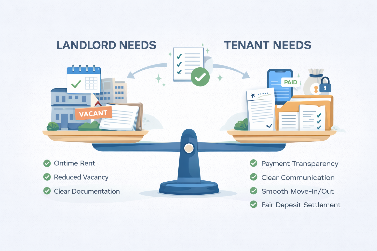 Landlord Tenant Management Software, Landlord Tenant Management Software: A Complete Overview, Rentok Balanced scale illustration showing landlord needs like rent tracking, vacancy and documentation on one side, and tenant needs like payment transparency, communication, and deposit settlement on the other.