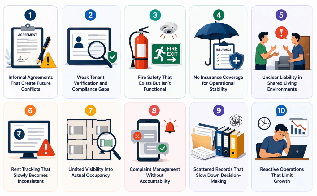 Infographic showing 10 key landlord risks in PG operations including agreements, tenant verification, safety, payments, and operational gap