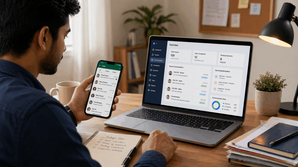 PG operator managing tenant communication using WhatsApp alongside a centralized property management dashboard