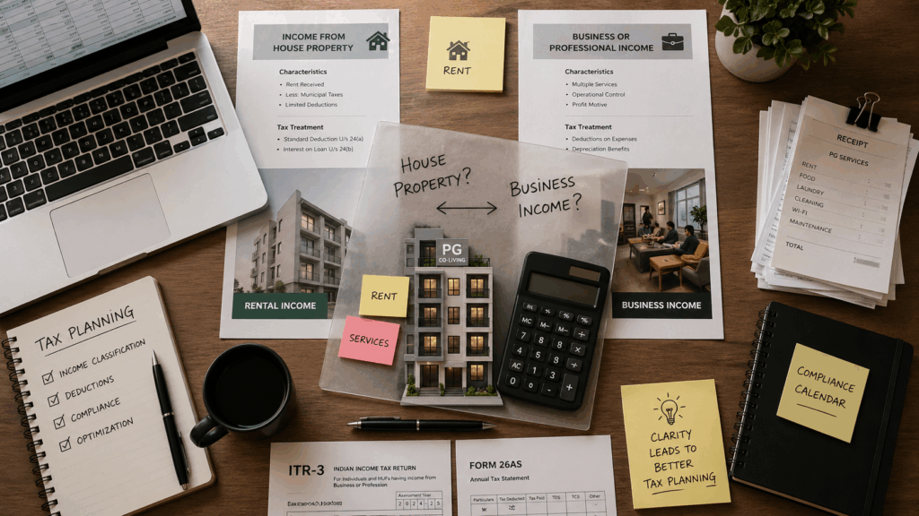 Top-down view of tax planning workspace showing PG business income vs house property classification with documents, calculator, and co-living model