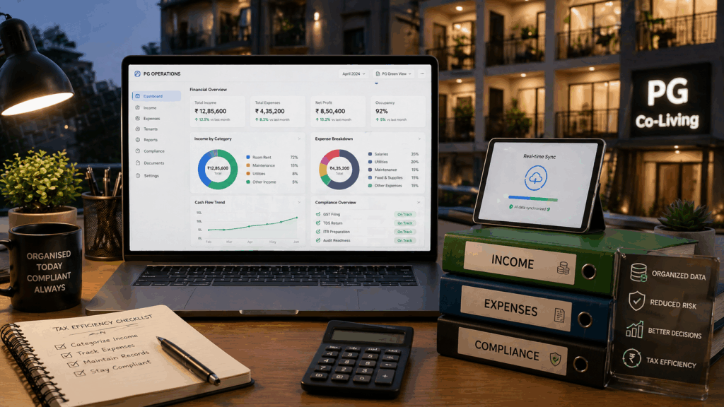 Tax-efficient PG business setup with organized income, expense tracking dashboard and compliance system on laptop