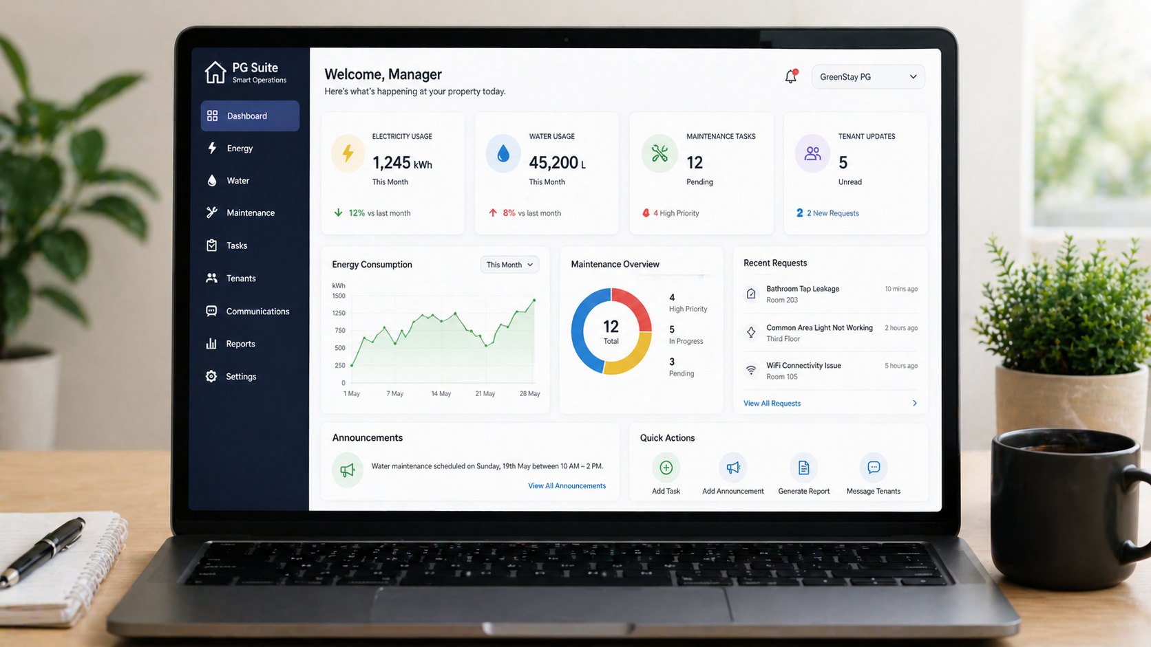 Laptop displaying property management dashboard with energy usage, water tracking, maintenance tasks, and tenant updates for PG operations