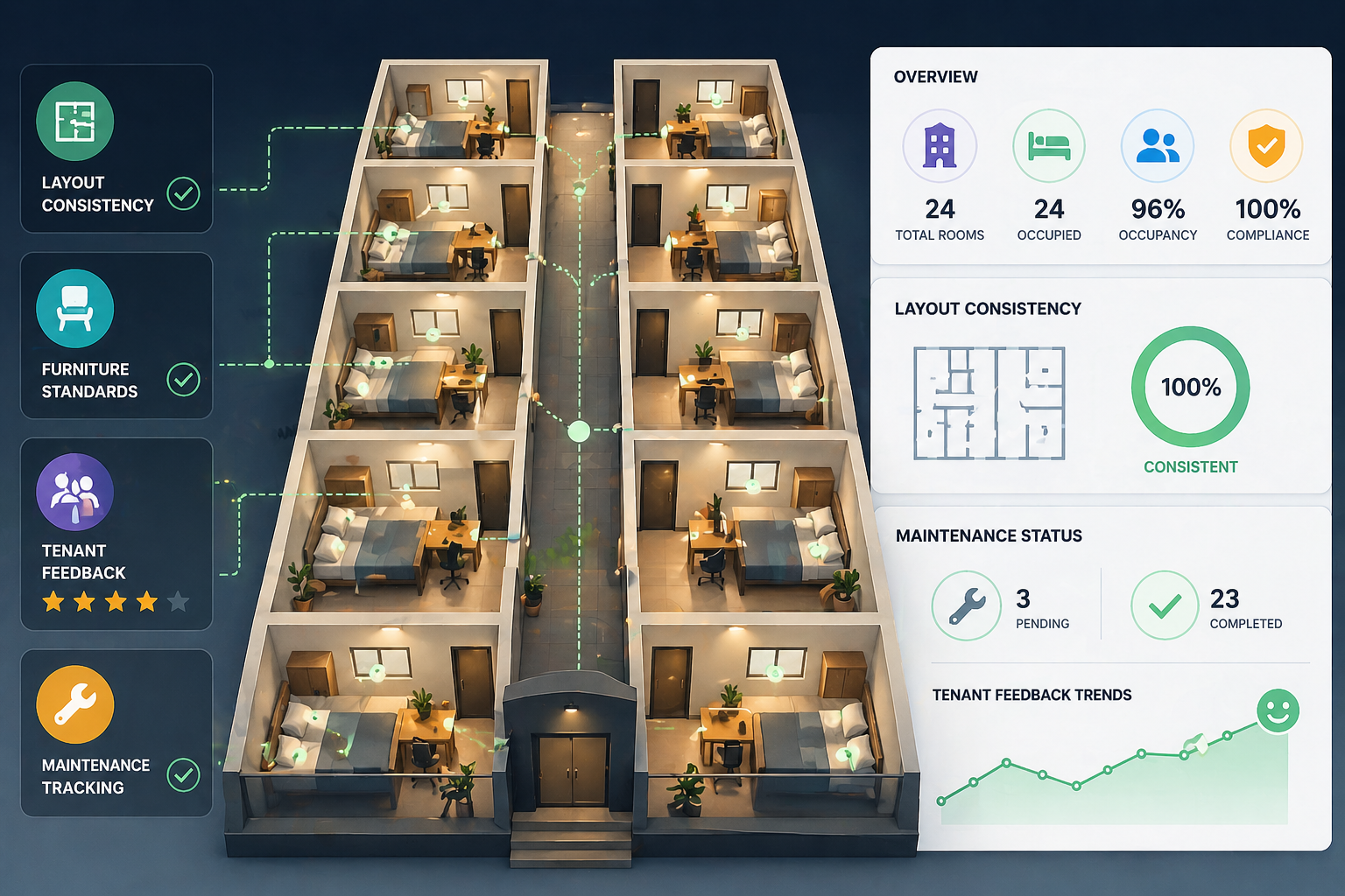 Scalable PG design system with standardized rooms and dashboard tracking layouts, maintenance, and tenant feedback