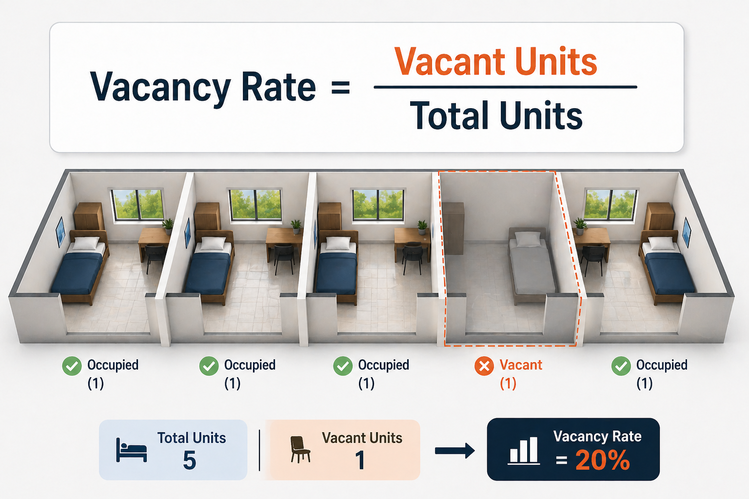 Vacancy rate formula showing vacant units divided by total units with visual example of occupied and empty PG rooms