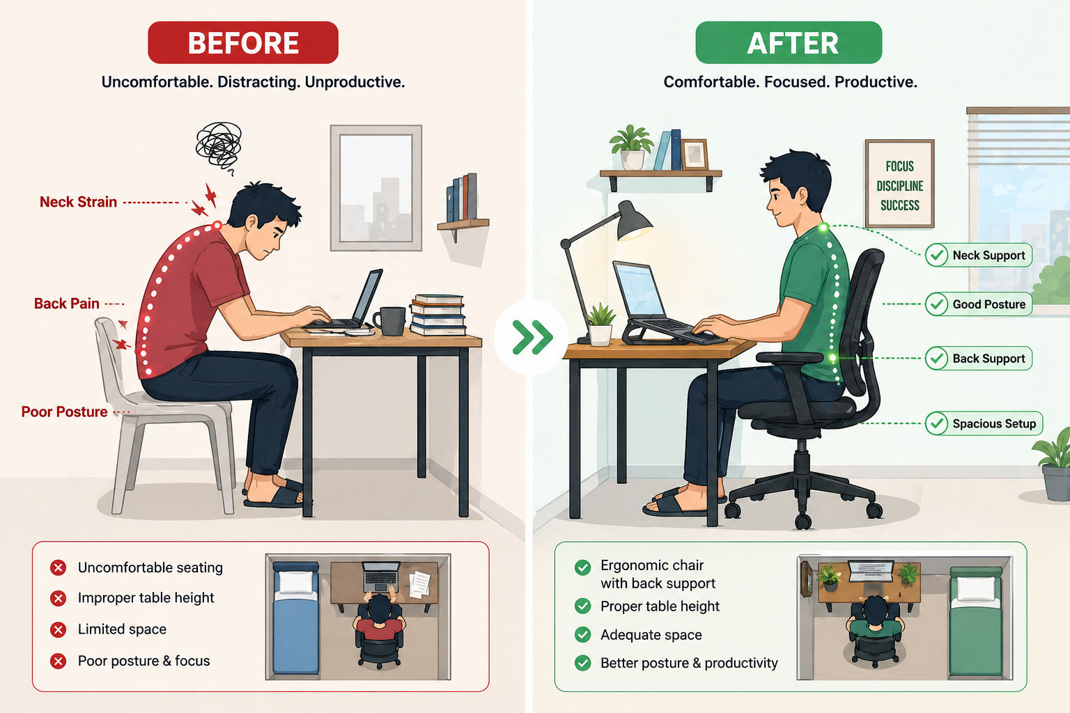Before and after ergonomic workspace setup in a PG room showing poor posture vs proper seating, improved desk height, and comfortable work environment