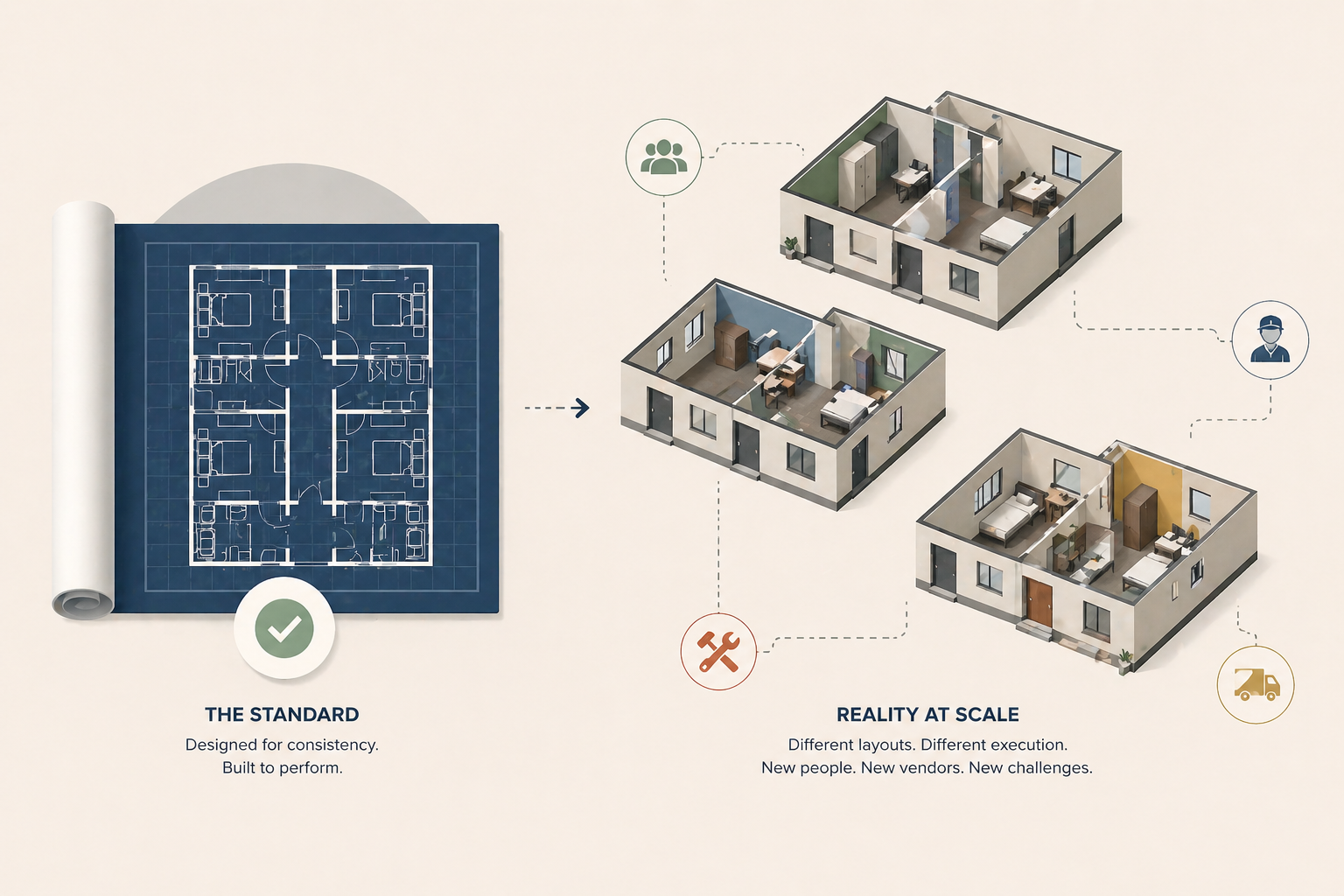 PG business scaling challenges showing blueprint vs real properties with inconsistent layouts and operations