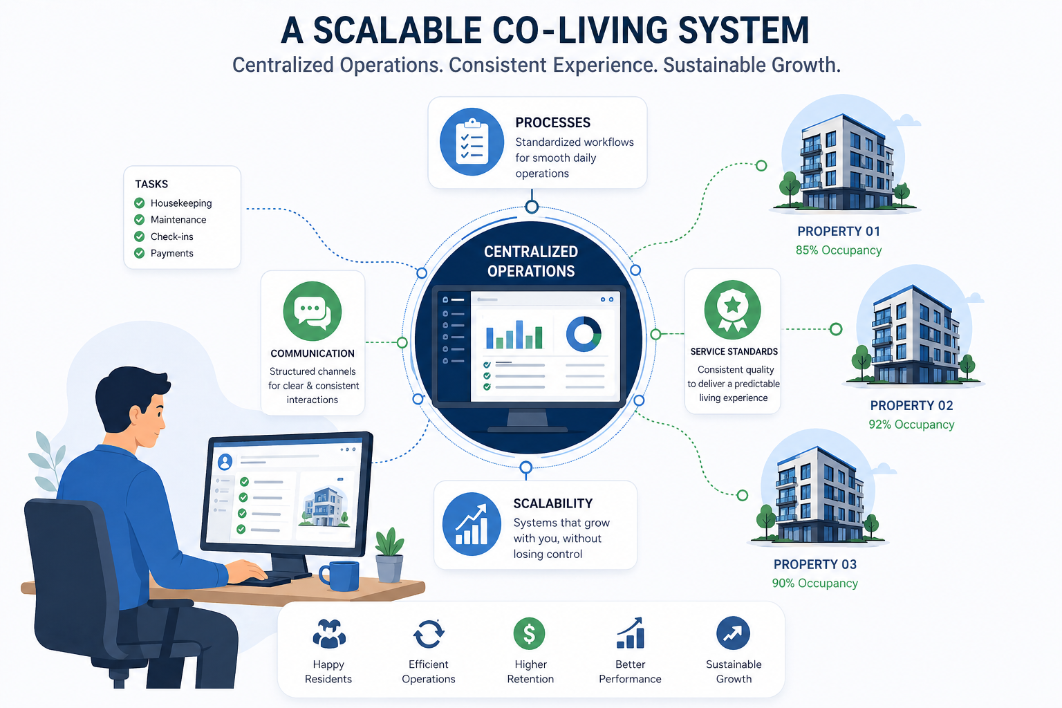 Scalable co-living system with centralized operations and connected properties for efficient management
