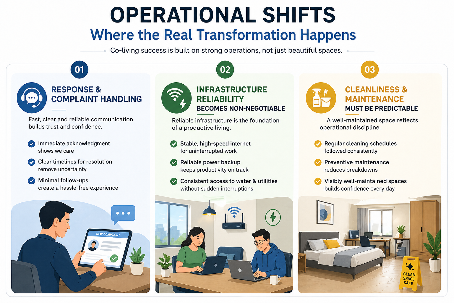 Infographic showing operational shifts in co-living including complaint handling, infrastructure reliability, and maintenance standards in PG management