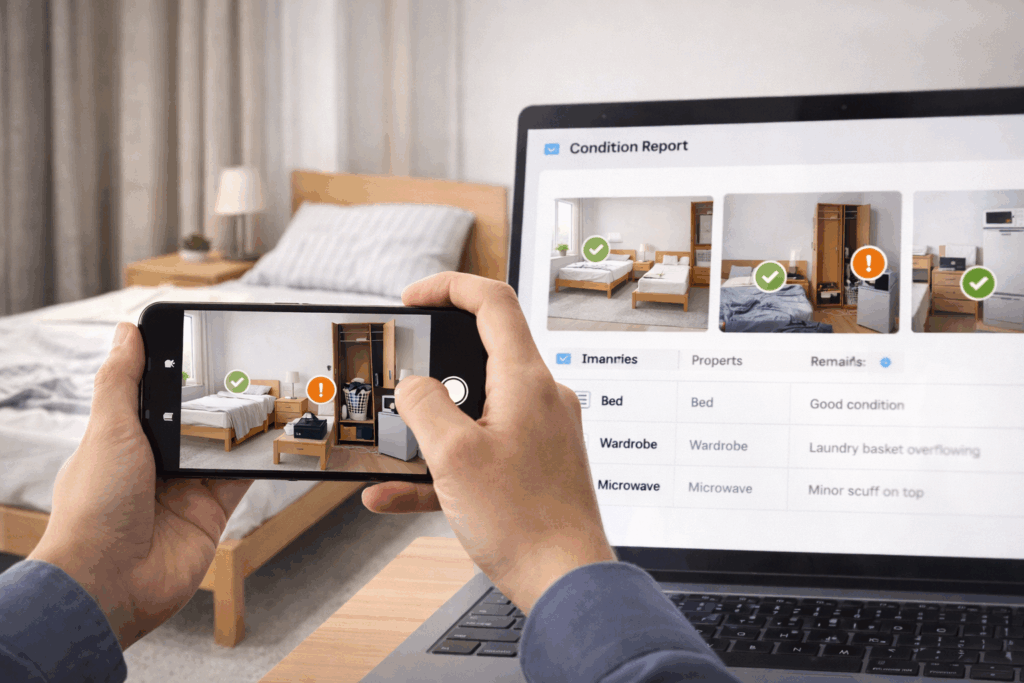 Person documenting rental room condition using a smartphone and dashboard with item status.