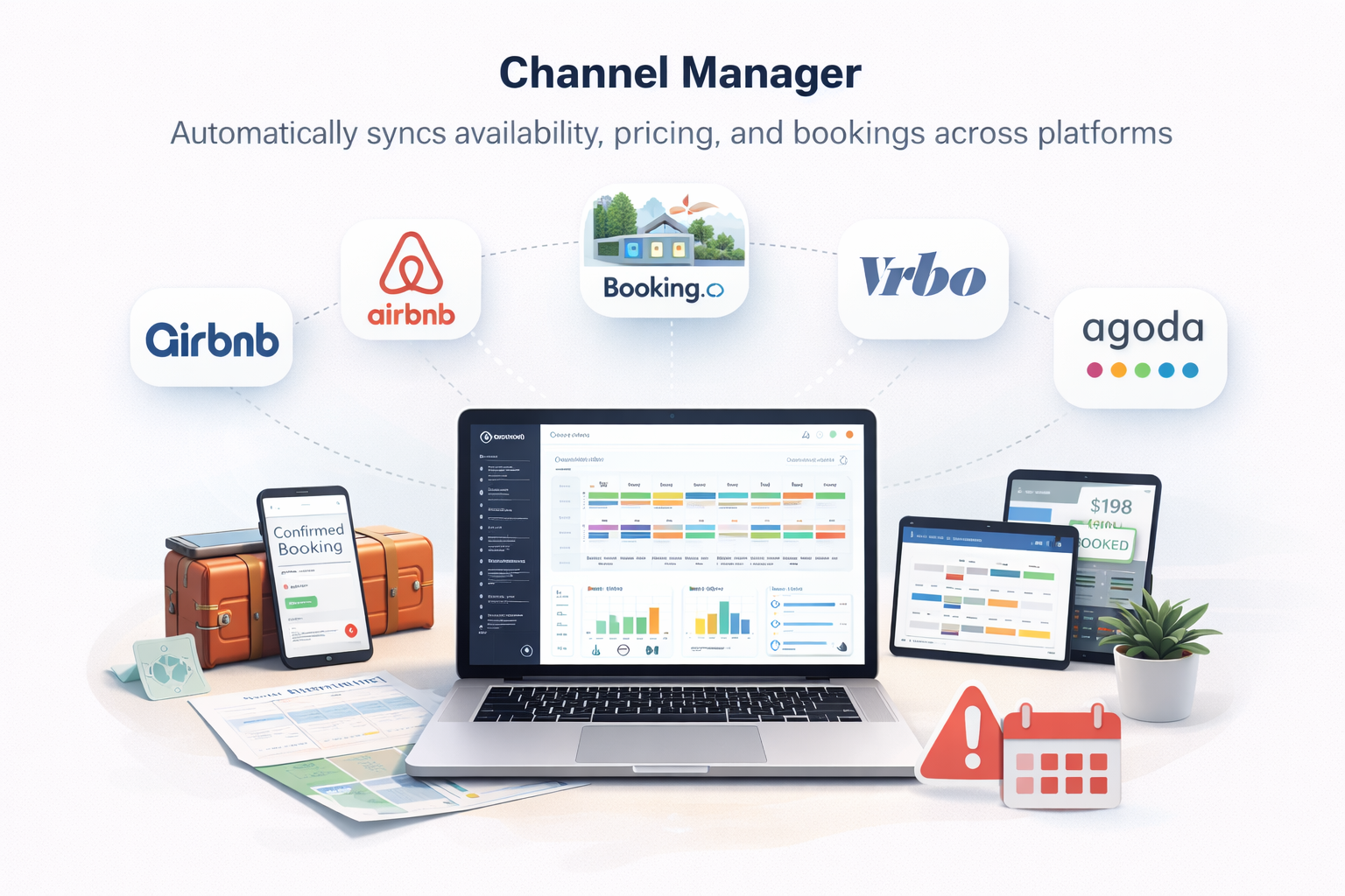 Channel manager syncing vacation rental listings across Airbnb, Booking.com, Vrbo, and Agoda from a centralized dashboard