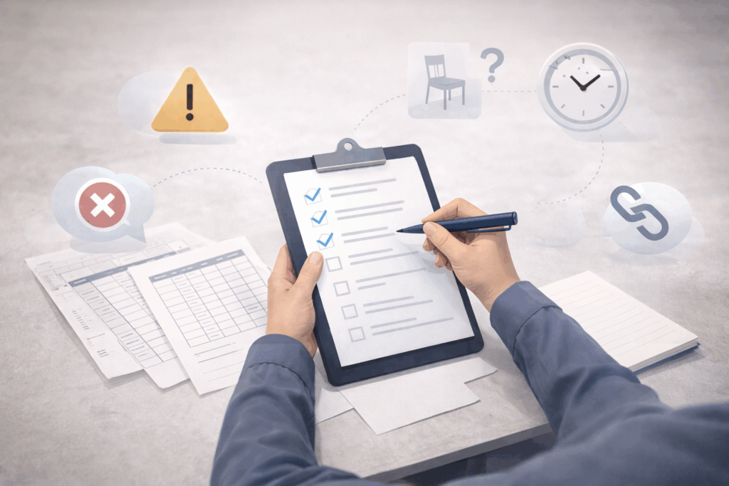 Person manually tracking inventory using a clipboard with paper records and spreadsheets.