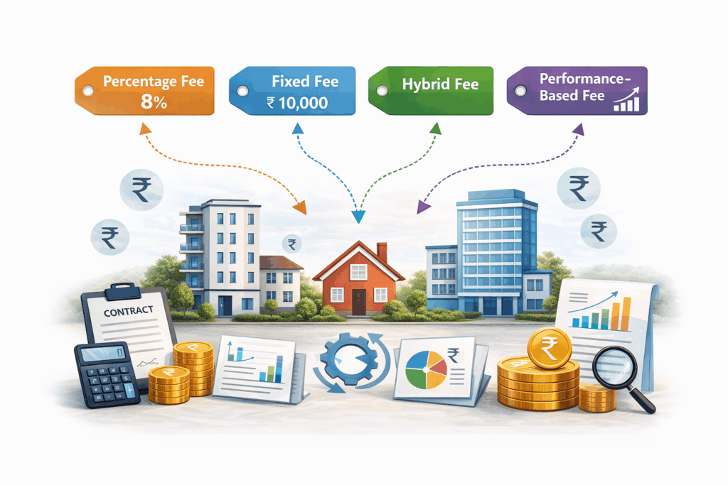 Property Management Software for Owners, Property Management Software for Owners vs. Managers, Rentok illustration showing multiple buildings connected to different property management fee types including percentage, fixed, hybrid, and performance-based with financial documents and rupee symbols.