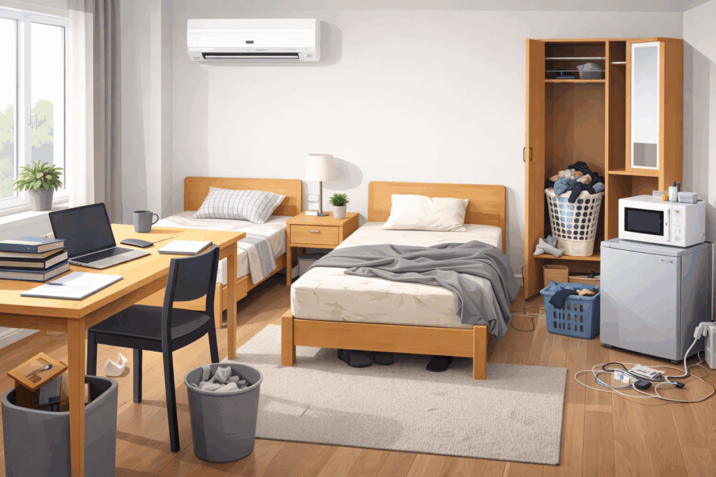 Illustration of a shared PG room with two beds, study desk, wardrobe, and appliances showing everyday wear and clutter.