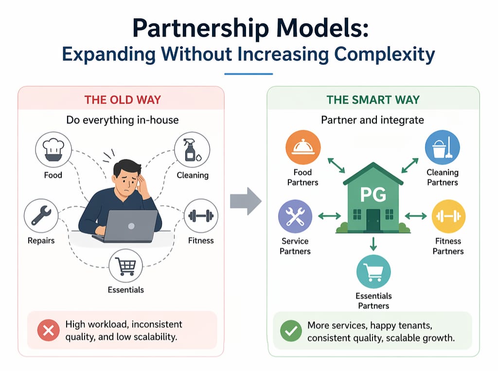 PG partnership model with food, service, and fitness partners to increase revenue, improve tenant experience, and scale operations efficiently.