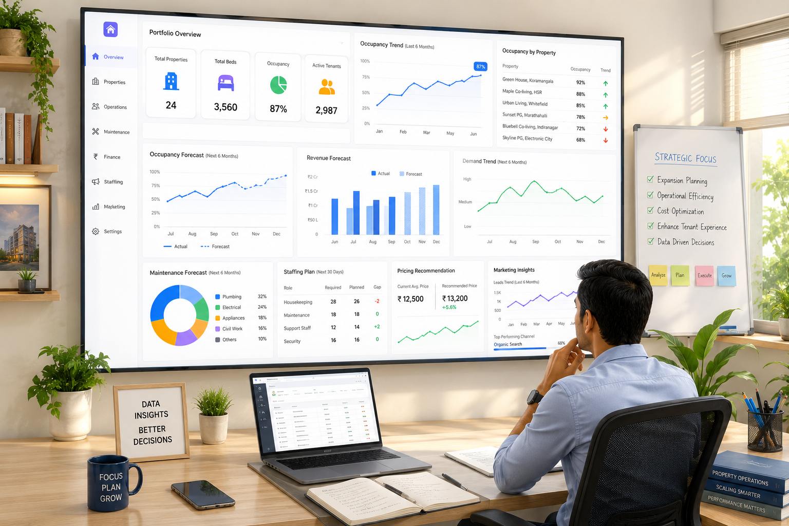Predictive Analytics in Property Management, Predictive Analytics in Property Management: Forecast Your Cash Flow, Rentok Modern property management office with predictive analytics dashboard showing occupancy forecasting, revenue trends, staffing allocation, pricing insights, and operational planning for scalable co-living and PG businesses.