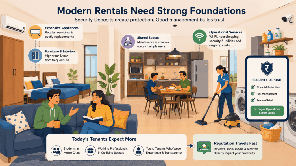 Handling Security Deposits, Handling Security Deposits: Legal Norms and Best Practices, Rentok Modern co-living and PG management illustration showing why security deposits are important in rental housing, featuring furnished rental assets, shared spaces, operational services, and tenant expectations in organized rental properties.