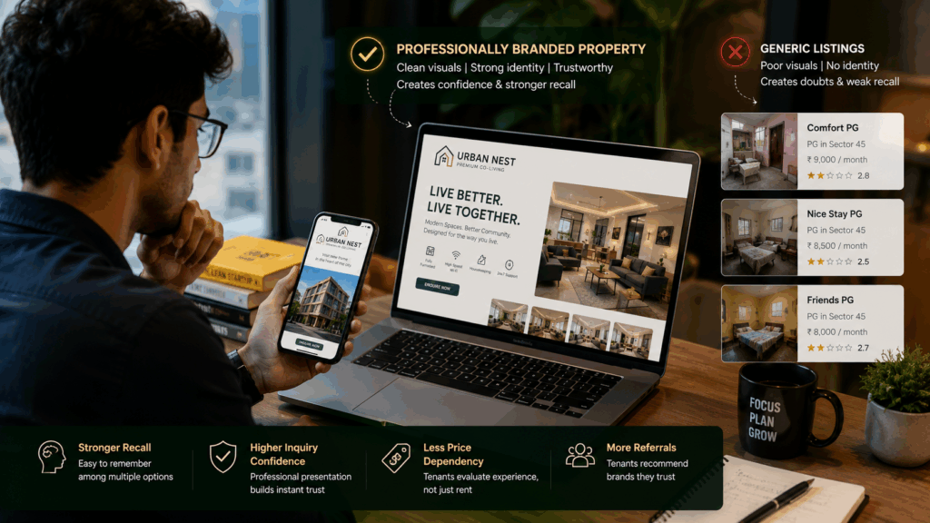 Professional property branding comparison showing a tenant browsing branded co-living and PG listings online, highlighting how strong rental property branding, logo design, and digital presentation improve tenant trust, inquiry confidence, and occupancy growth.