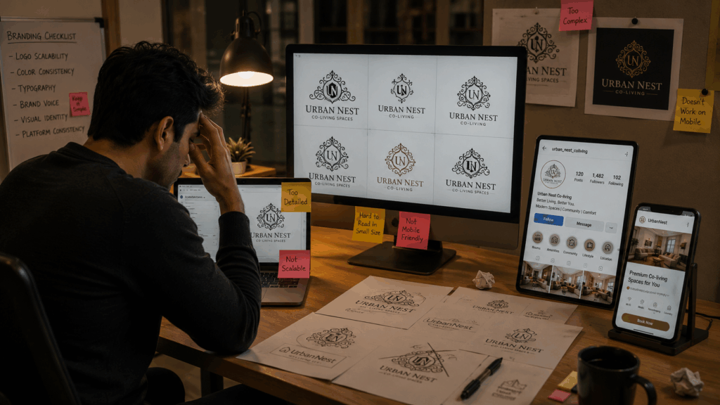 Rental property branding designer struggling with overly complicated logo designs and inconsistent digital branding across mobile apps, social media, and PG listing platforms.