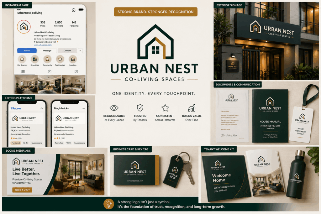 Professional property branding mockup showcasing a clean and modern co-living logo design across Instagram pages, rental listing platforms, signboards, business cards, onboarding kits, and marketing materials, highlighting how strong PG branding creates recognition, trust, and consistency across digital and offline tenant touchpoints.