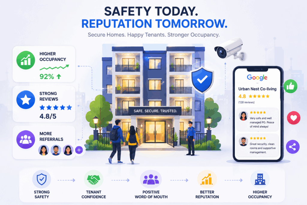 Animated infographic showing how safety in co-living and PG properties improves tenant trust, online reviews, occupancy rates, referrals, and overall brand reputation.