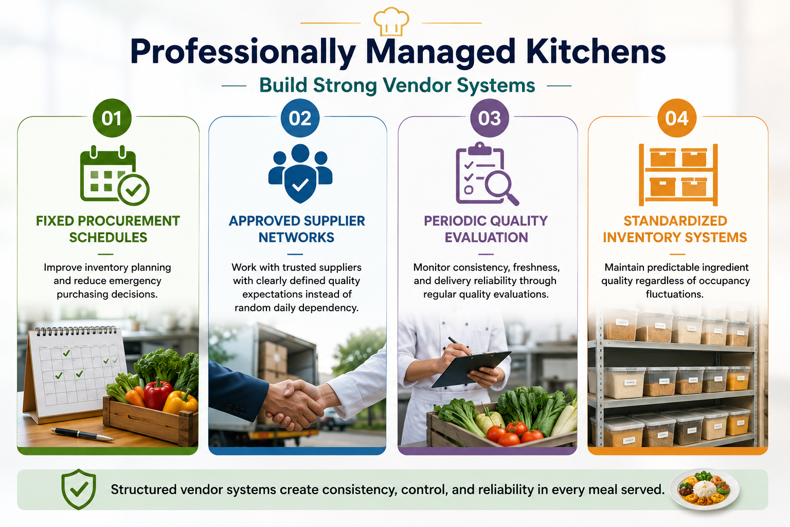 Professional infographic showing vendor management systems in hostel kitchens, including procurement schedules, supplier networks, quality checks, and inventory management for consistent food quality and efficient kitchen operations.