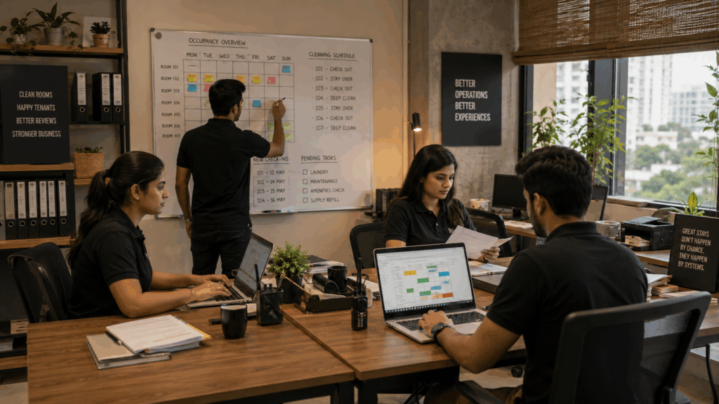 Managing Mid-Term Stays, Managing Mid-Term Stays: The Gap Between PG and Airbnb, Rentok Property management team coordinating occupancy tracking, cleaning schedules, and tenant operations inside a modern mid-term rental management office for professionally managed co-living and flexible stay properties.