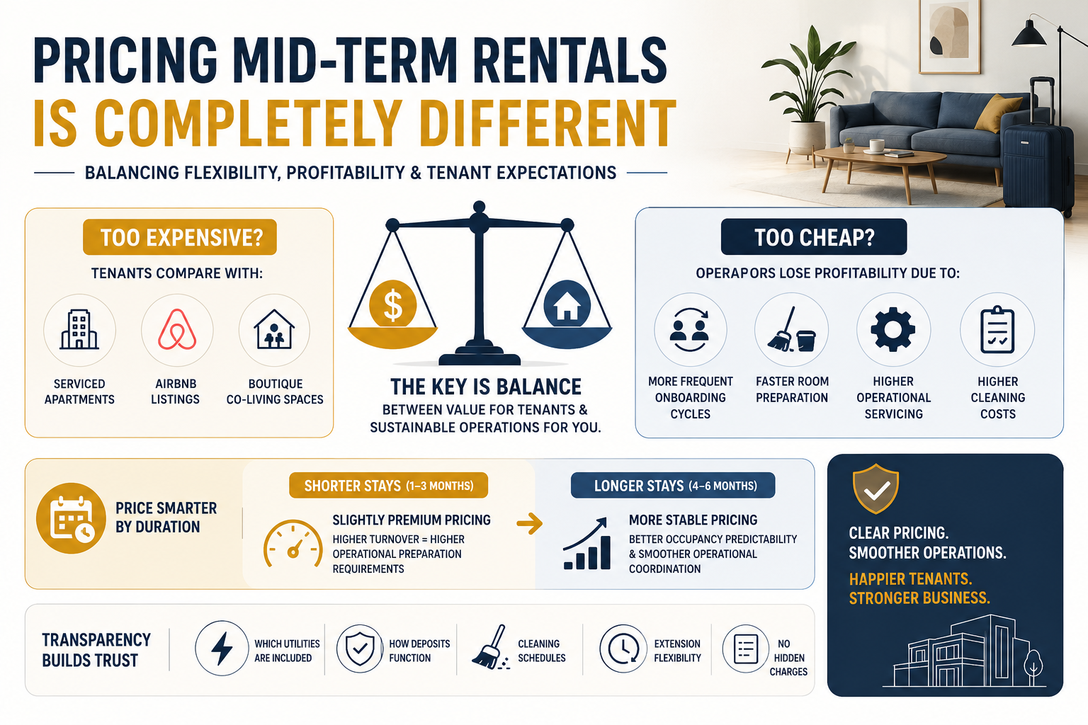 Managing Mid-Term Stays, Managing Mid-Term Stays: The Gap Between PG and Airbnb, Rentok Mid-term rental pricing infographic showing flexibility, profitability, tenant expectations, and smart duration-based pricing strategies for property management and co-living businesses.