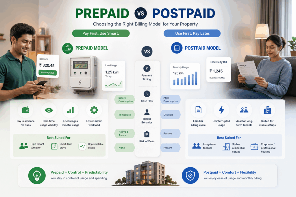 Prepaid vs postpaid electricity billing comparison infographic with smart meter and tenant usage visuals.