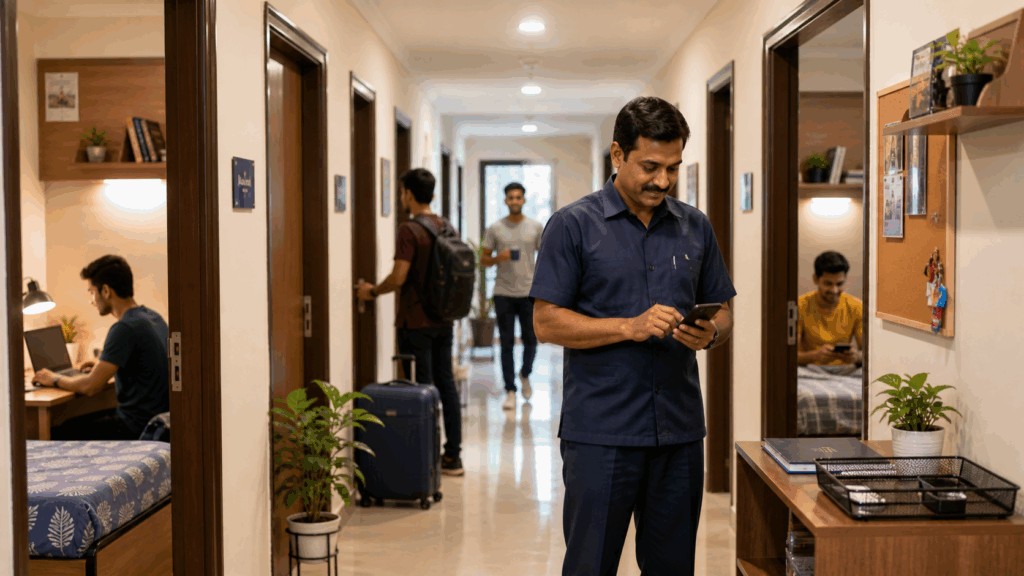 PG caretaker managing daily operations in a fully occupied hostel corridor with tenants, demonstrating efficient property management and tenant satisfaction