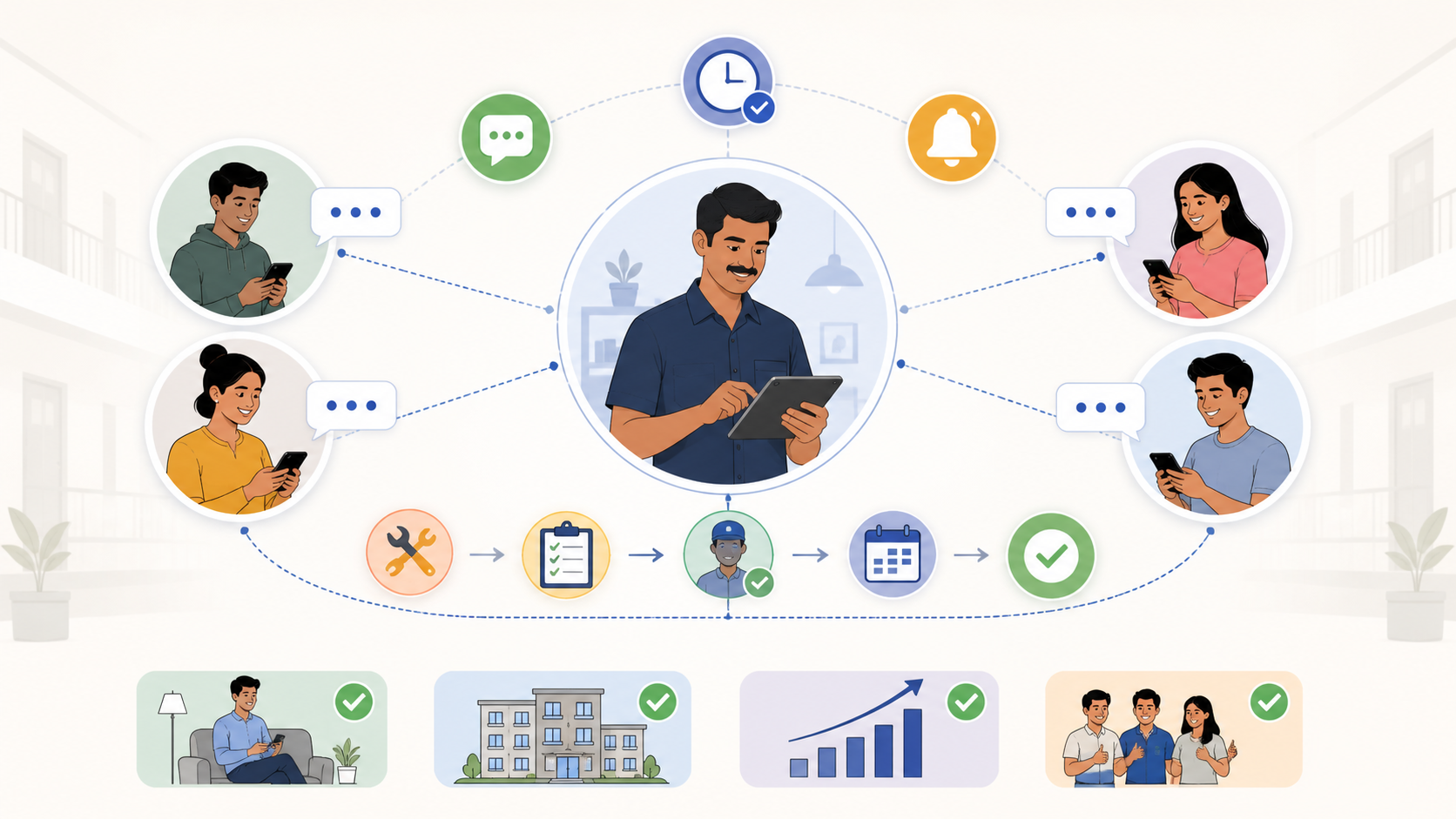 &ldquo;Infographic showing PG caretaker communication system with tenants, highlighting clear updates, issue resolution, and efficient property management