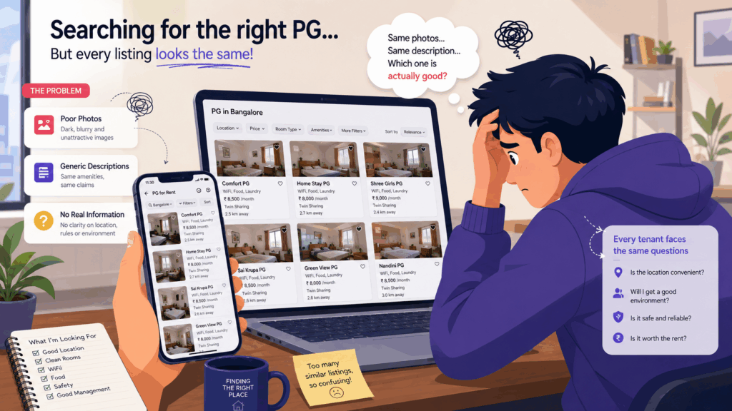 Tenant comparing repetitive PG rental listings online with generic photos and descriptions.