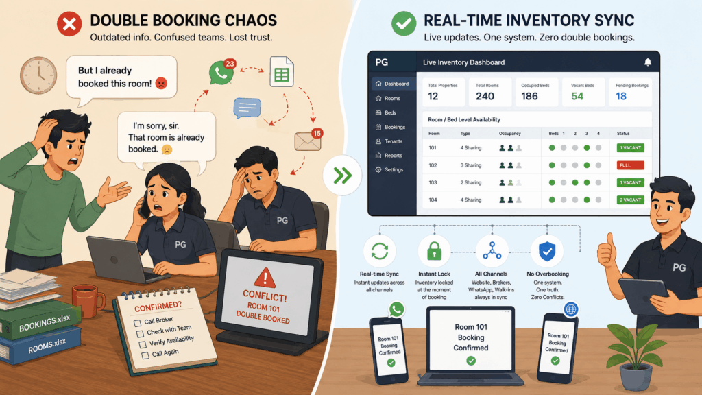 Animated graphic showing double booking issues vs real-time inventory sync for PG and rental property management.