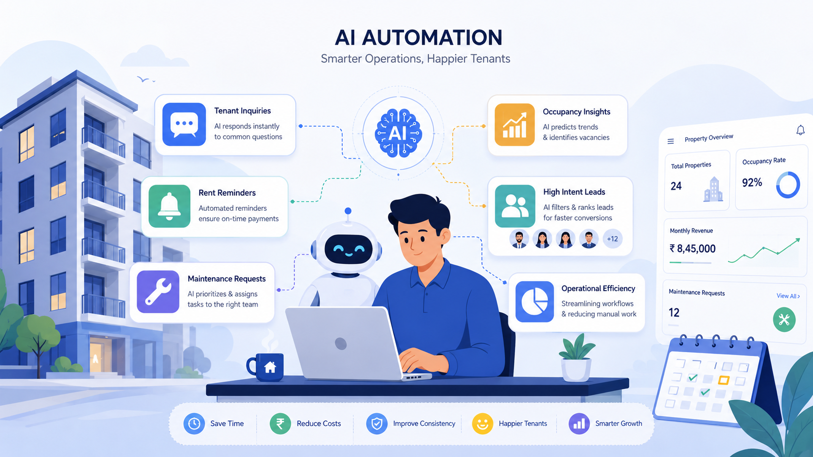 AI automation in property management illustration showing smart rental operations, automated tenant communication, occupancy analytics, rent reminders, and maintenance management in a modern PropTech ecosystem.