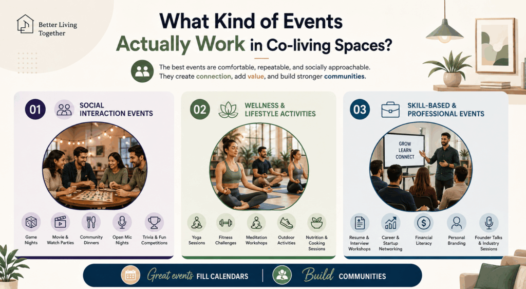 Infographic on effective co-living events featuring social activities, wellness sessions, and professional networking workshops.