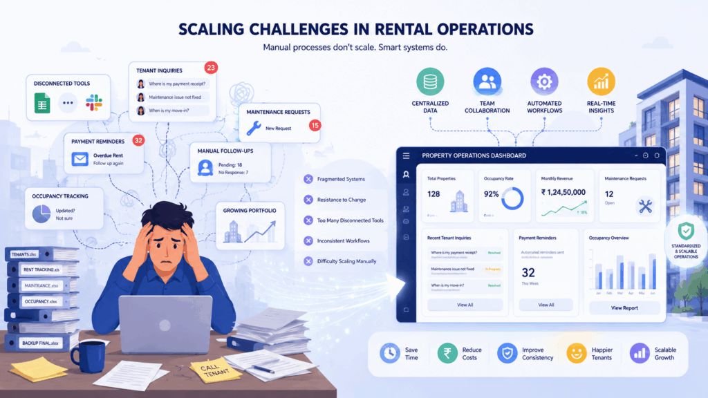 Illustration showing scaling challenges in rental property operations, comparing manual property management workflows with centralized PropTech automation systems for tenant management, occupancy tracking, maintenance, and rent collection.