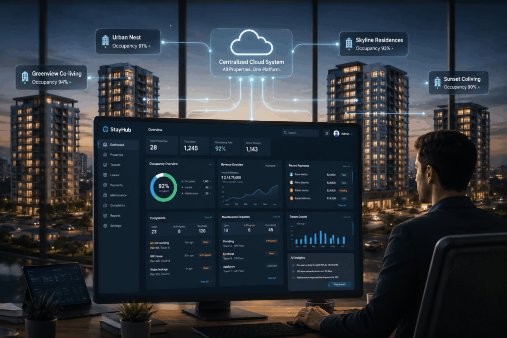 Futuristic property management dashboard showing centralized co-living operations, occupancy tracking, tenant management, and smart rental infrastructure in 2030.