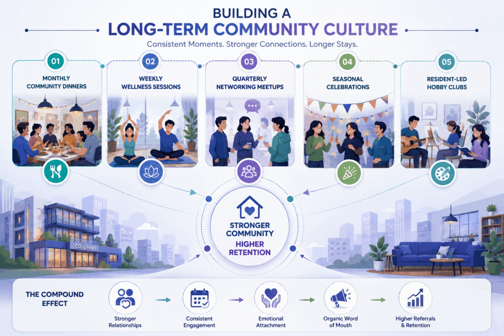 Infographic showing community-building activities that improve tenant retention in co-living spaces.