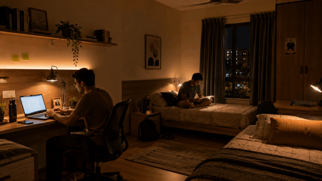 Role of Interior Lighting, The Role of Interior Lighting in Enhancing Room Value, Rentok Modern PG room with warm ambient lighting, study setup, and two beds designed for comfortable co-living and improved rental room value.