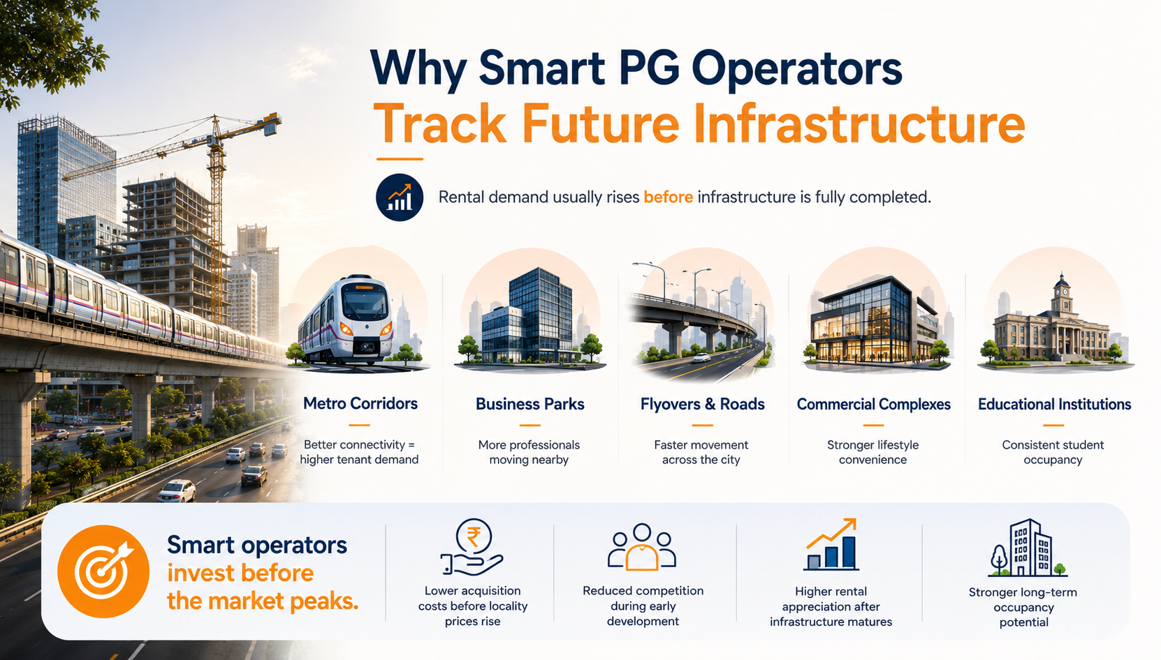 Impact of Local Infrastructure, The Impact of Local Infrastructure on PG Rents, Rentok Future infrastructure infographic showing how metro corridors, business parks, and commercial growth impact PG rental demand.