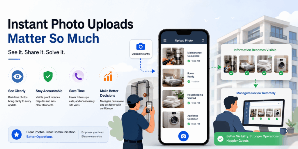 Mobile Property Management, Why Mobile Property Management Is the Future, Rentok Property management dashboard showing instant photo uploads for maintenance, housekeeping, and room inspections in real time.