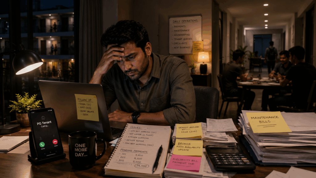 Landlord’s Life, The Landlord’s Life: How to Automate and Regain Your Weekends, Rentok Stressed landlord managing late-night PG operations, tenant complaints, rent tracking, and maintenance coordination inside a modern Indian co-living property.