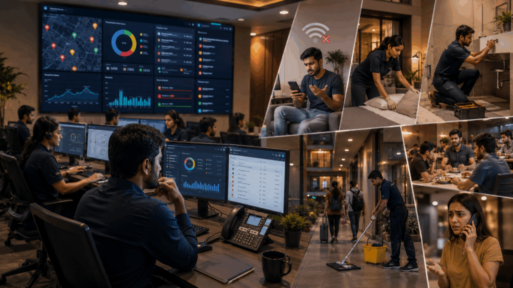 Scaling a PG Business, What Nobody Tells You About Scaling a PG Business, Rentok Centralized complaint management system for large-scale PG and co-living operations showing property managers handling tenant issues, maintenance coordination, housekeeping workflows, and operational escalation across multiple residential properties.