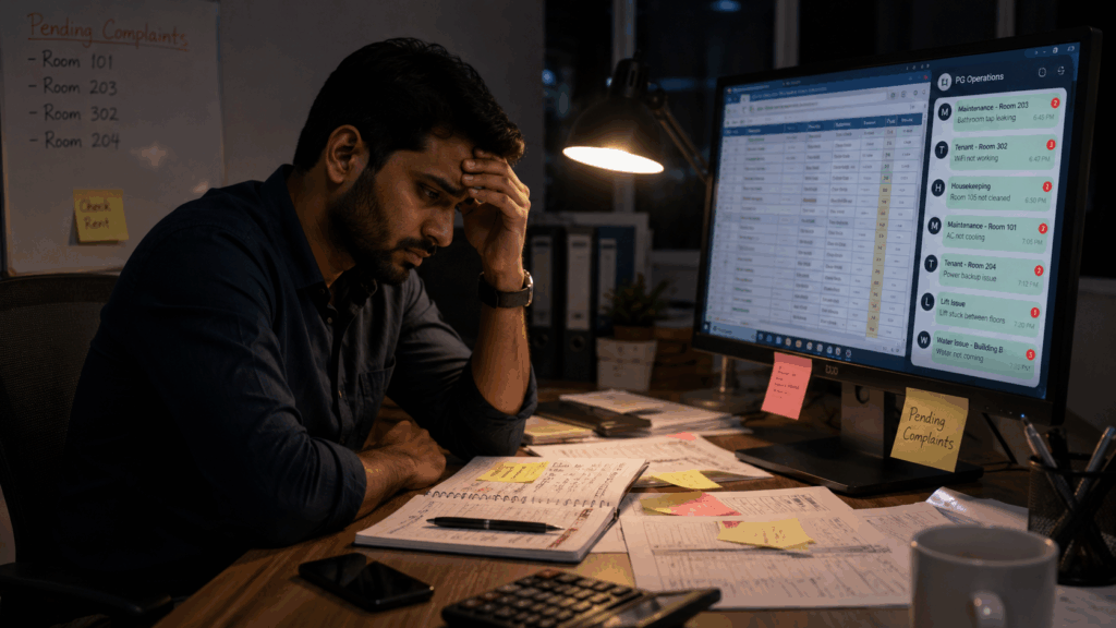 Mobile Property Management, Why Mobile Property Management Is the Future, Rentok Stressed property manager handling complaints in outdated desktop system