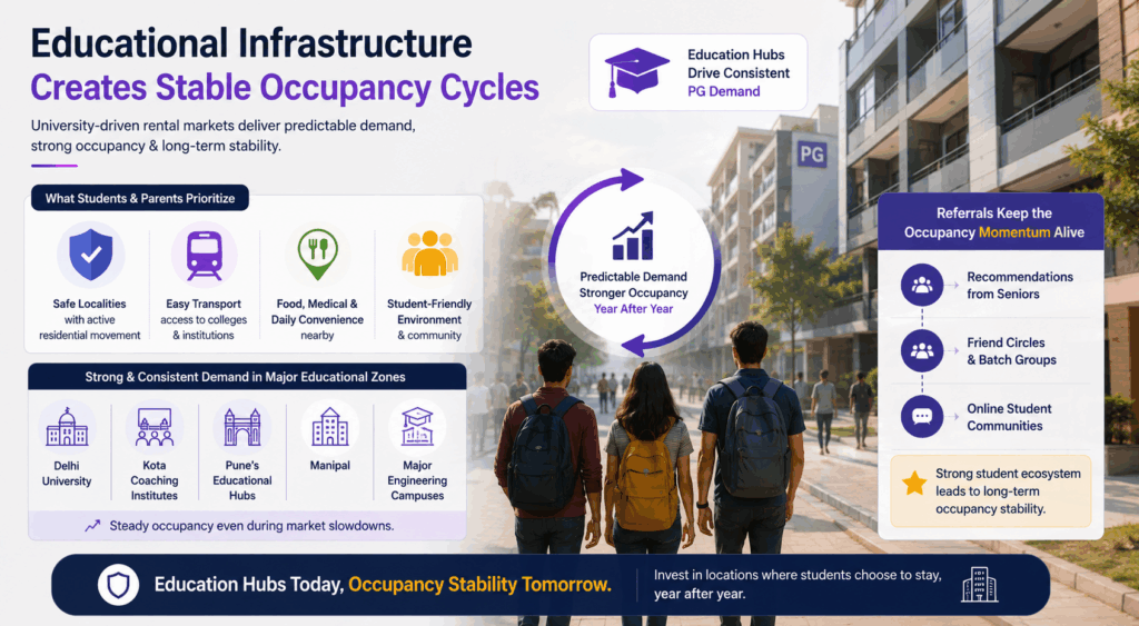 Impact of Local Infrastructure, The Impact of Local Infrastructure on PG Rents, Rentok Educational infrastructure infographic showing stable PG occupancy near universities, student housing demand, referral-driven growth, and educational hubs in India.