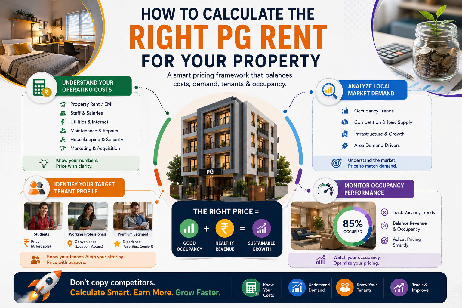 How to calculate the right PG rent infographic covering operating costs, market demand, tenant profile, and occupancy performance.