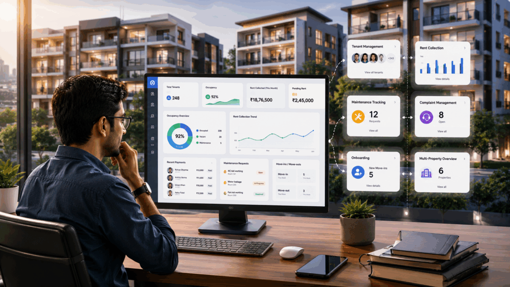Manage 100+ Tenants, The Easiest Way to Manage 100+ Tenants Without Using Excel, Rentok Property manager using a digital tenant management system to track occupancy, rent collection, maintenance requests, onboarding, and multiple rental properties from a centralized dashboard.