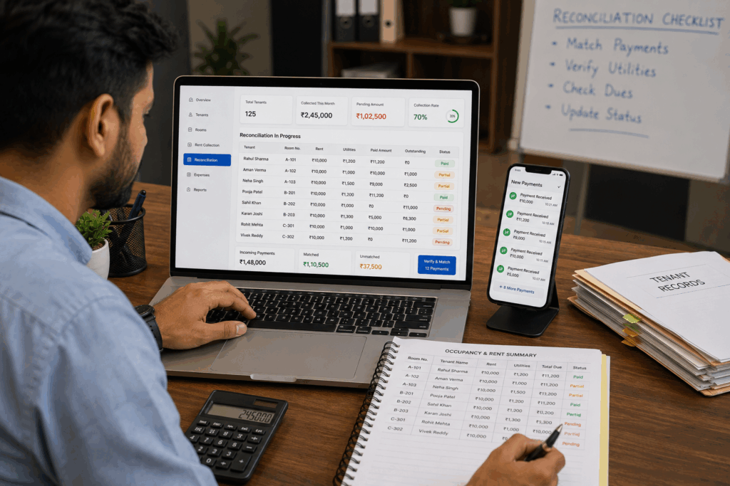 Property manager performing rent reconciliation by matching incoming UPI payments with tenant records, utility charges, and outstanding dues on a digital dashboard.